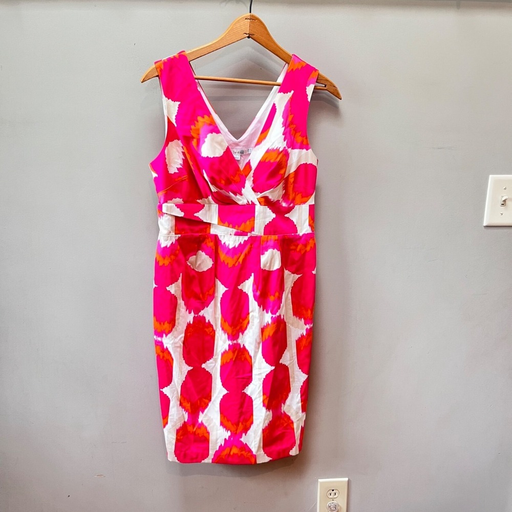 Boden Women's Sleeveless V-Neck Dress Size 6 Pink &โ Orange Ikat Print